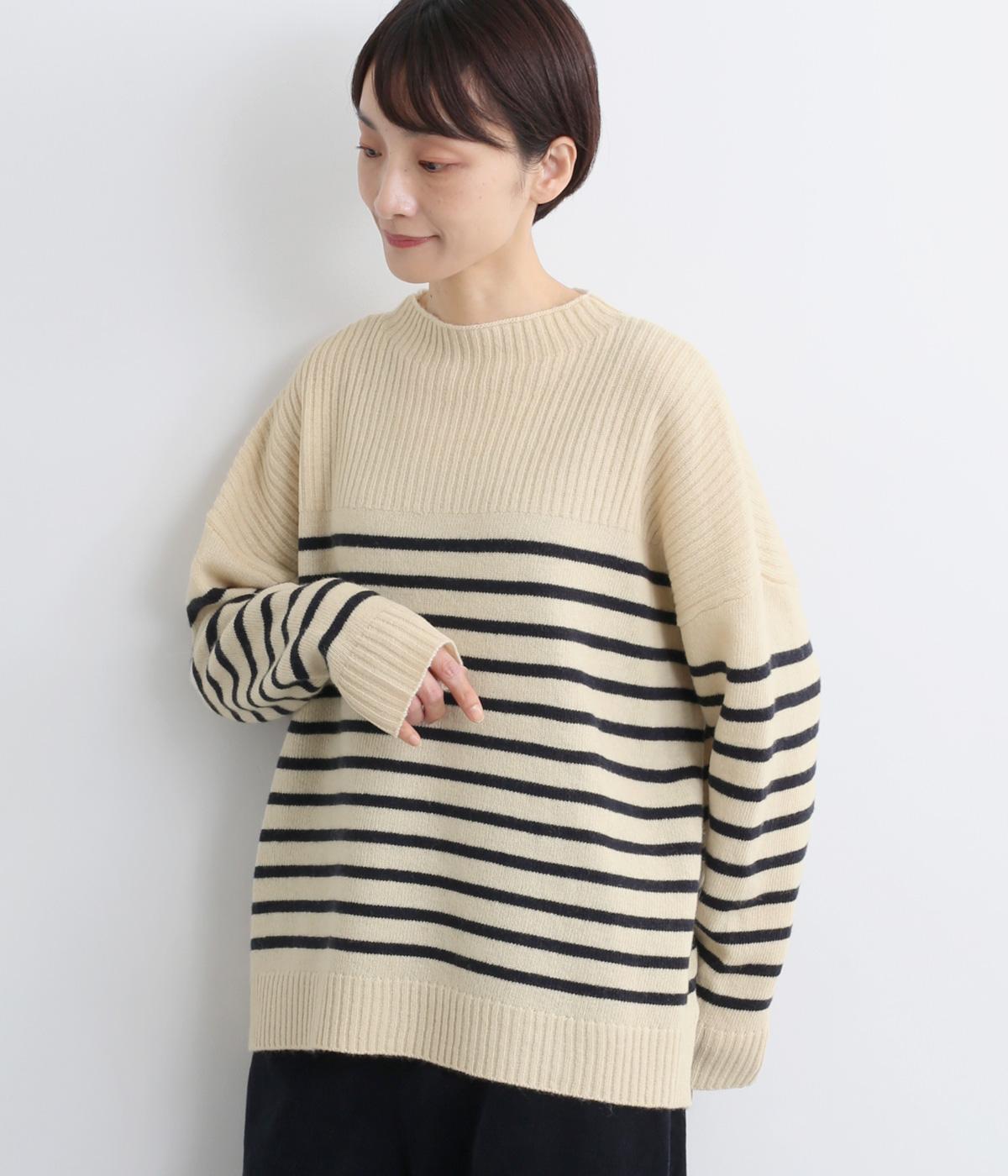 ウール混　ボーダーボトルネックプルオーバー(ネイビー-F)