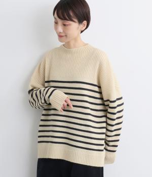 ウール混　ボーダーボトルネックプルオーバー(ネイビー-F)