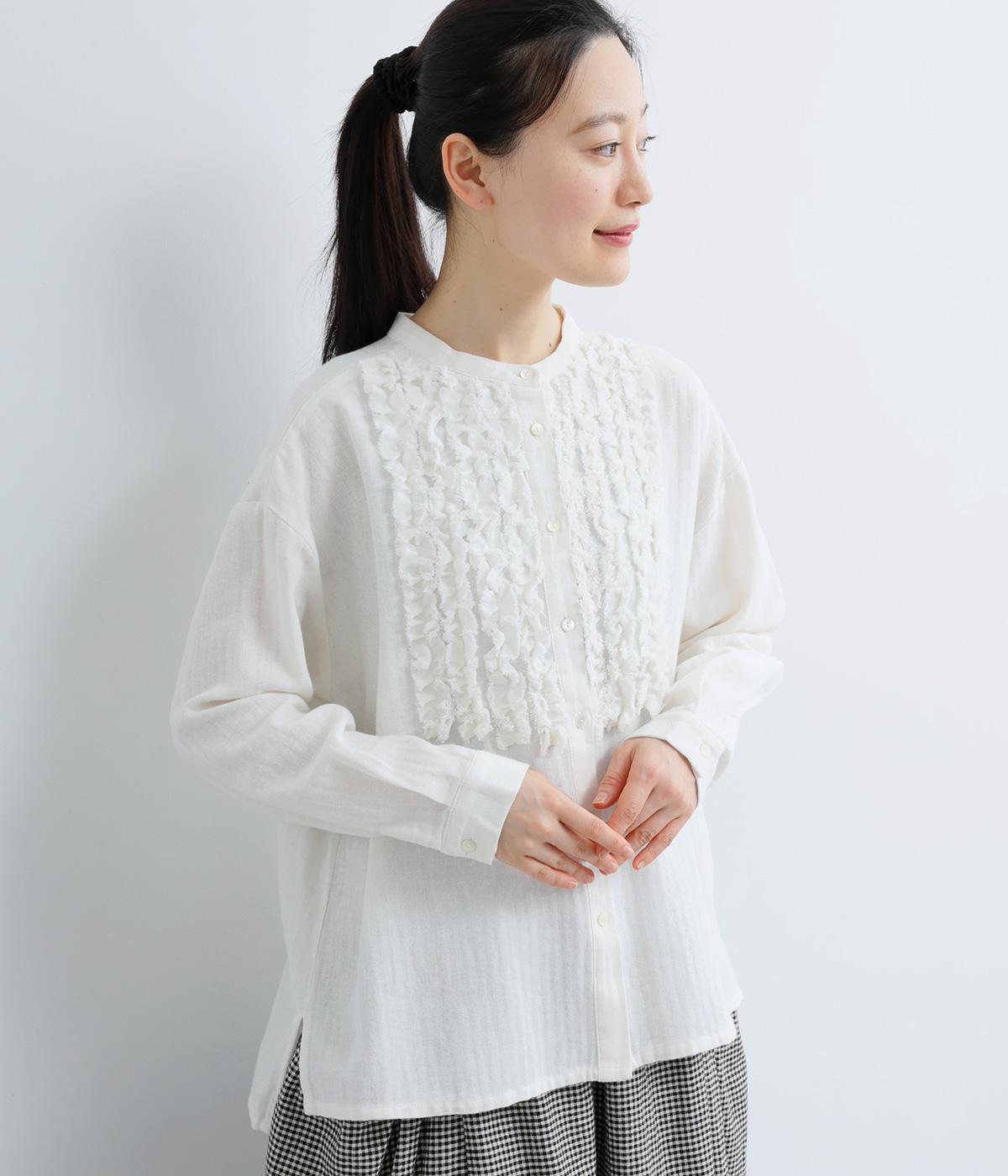 コットンリネン　断ち切りフリルブラウス(ホワイト-F)