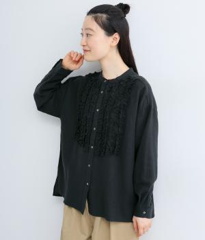 コットンリネン　断ち切りフリルブラウス(ブラック-F)