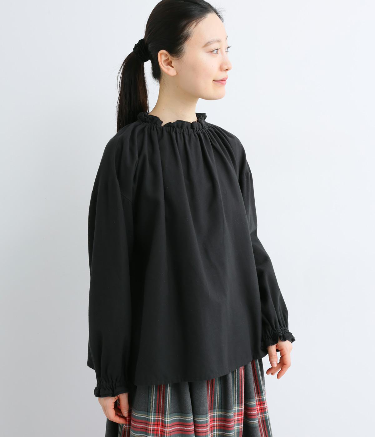 コットンツイルムジ襟フリルブラウス(ブラック-F)