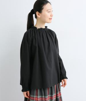 コットンツイルムジ襟フリルブラウス(ブラック-F)