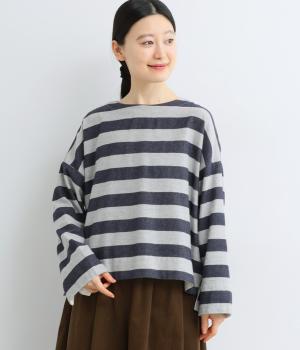 コットンリネンツイルボーダーブラウス(杢ライトグレー-F)