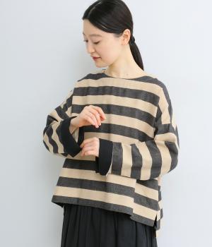 コットンリネンツイルボーダーブラウス(杢ベージュ-F)