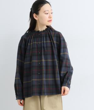コットンツイルチェックフリル襟ブラウス