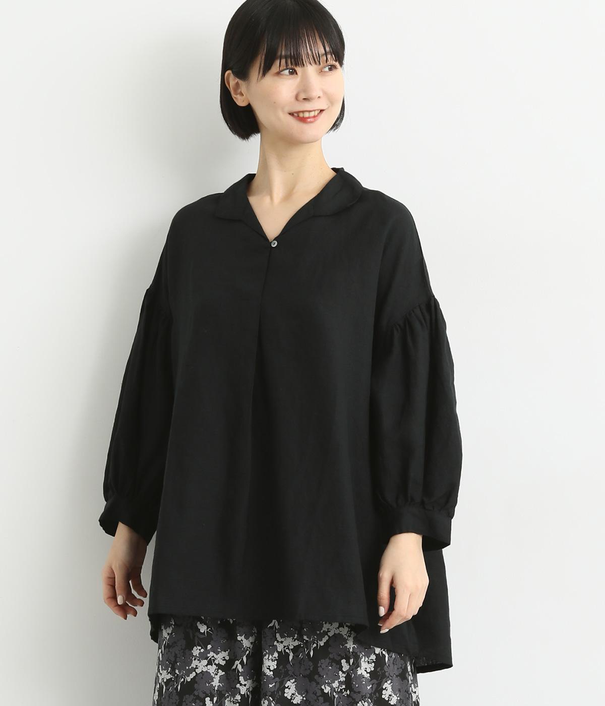 リネンオープンカラーチュニック(ブラック-F)