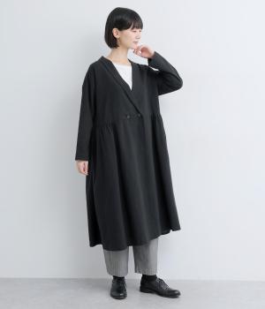 コットンリネン　ショールカラーコートワンピース(ブラック-F)