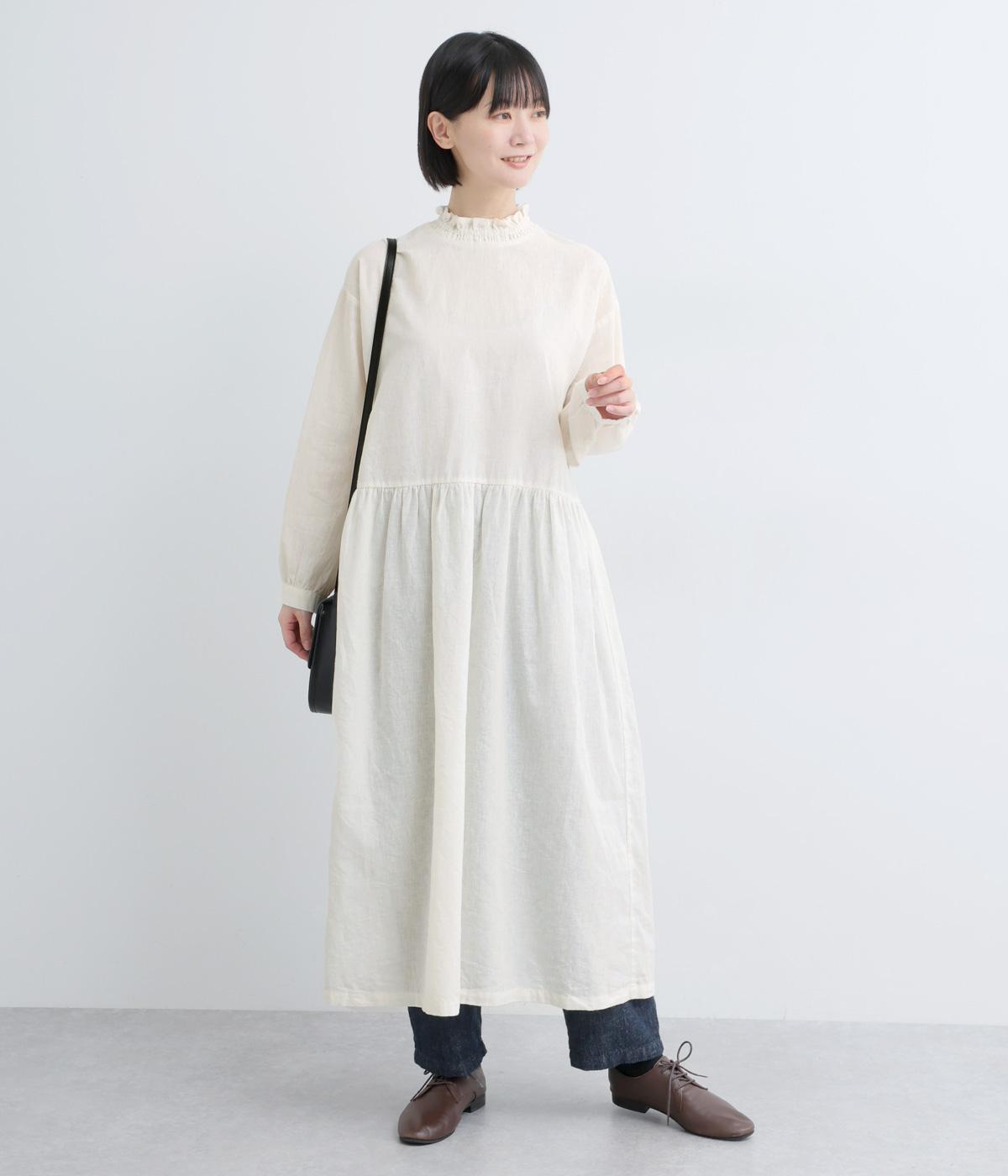 コットンリネン　スタンドフリルワンピース(ホワイト-F)
