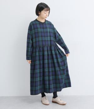 コットンリネン　チェック襟配色ワンピース