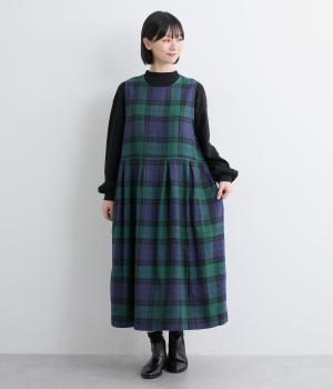 コットンリネン　チェックジャンパースカート(ブラックウォッチ-F)
