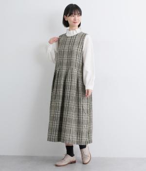 コットンリネン　チェックジャンパースカート(チェック-F)