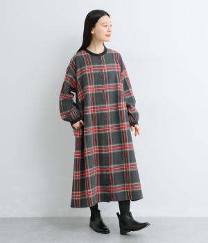 コットンリネンチェック襟配色ワンピース