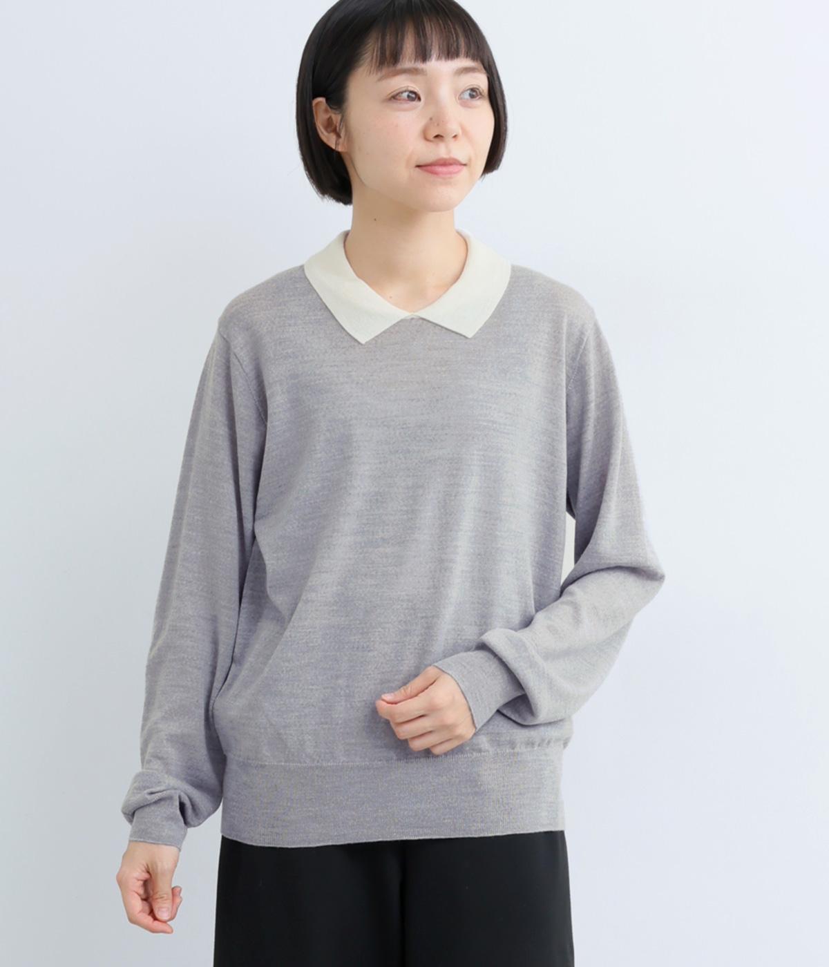 ビエラヤーン配色襟ニットプルオーバー(グレー-F)