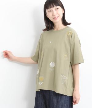 OE天竺布帛 北欧フラワー刺繍Tシャツ(ライトカーキ-ONESIZE)