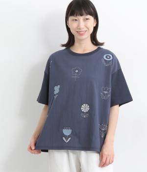 OE天竺布帛 北欧フラワー刺繍Tシャツ(ネイビー-ONESIZE)