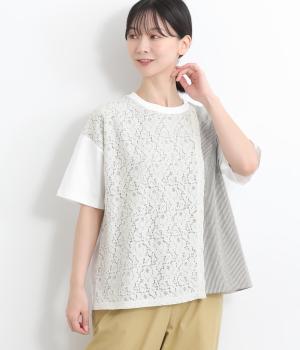 レース＋ストライプレイヤードTシャツ(ホワイト-ONESIZE)