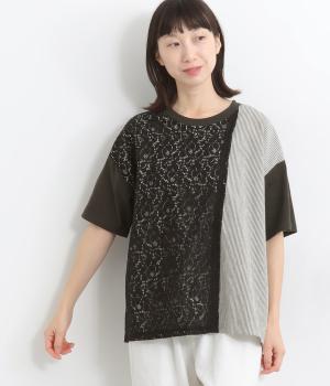 レース＋ストライプレイヤードTシャツ(スミクロ-ONESIZE)
