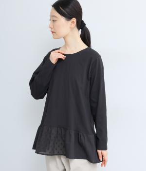 裾ジャカード切替ロングスリーブTee(ブラック-F)