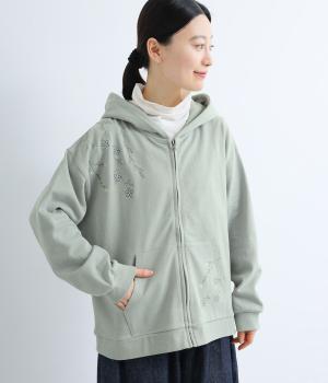 裏毛しだれ草花刺繍ZIPパーカー(サックス-F)