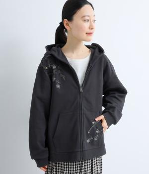 裏毛しだれ草花刺繍ZIPパーカー(ブラック-F)