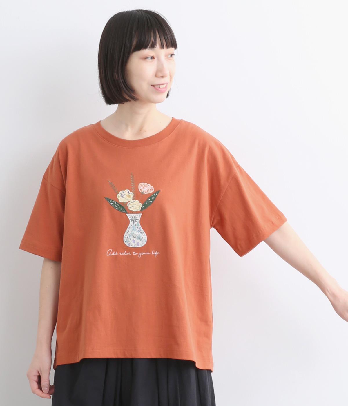 フラワーパッチワークTシャツ(テラコッタ-ONESIZE)