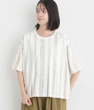水彩＋箔ストライプ5分袖Tシャツ(ホワイト-F)