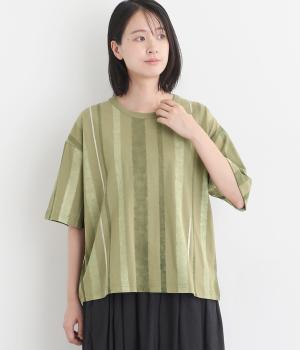 水彩＋箔ストライプ5分袖Tシャツ(カーキ-F)