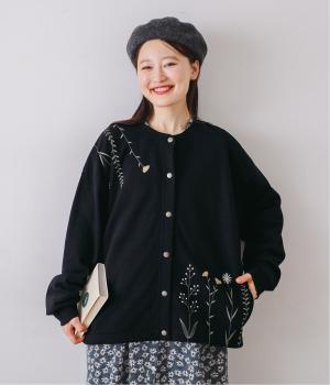 草花刺繍ミニ裏毛カーディガン(ブラック-F)
