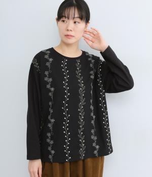 前身布帛草花ライン刺繍ロングスリーブＴシャツ(ブラック-F)