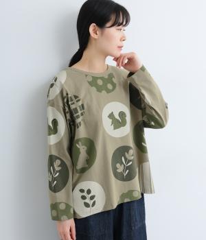 ビッグ柄ドットプリントロングスリーブＴシャツ(カーキ-F)
