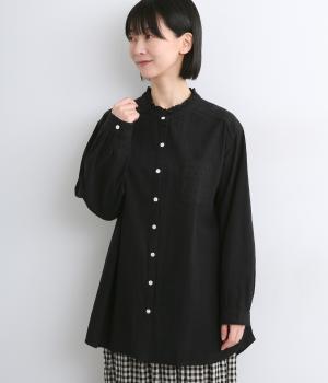 スタンドフリル襟チュニックブラウス(ブラック-F)