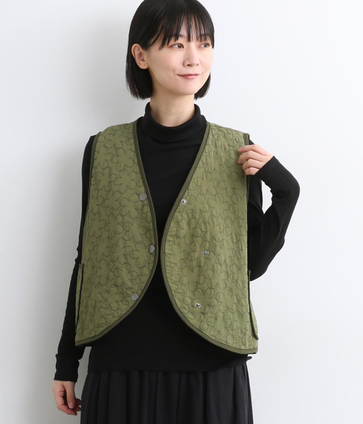 花キルティングベスト(カーキ-F)