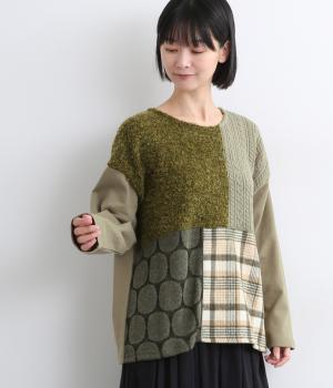 異素材ブロッキング裏毛プルオーバー(カーキ-F)