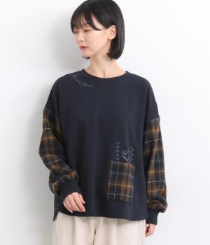 裏毛メルトンチェック切替プルオーバ(ダークネイビー-F)