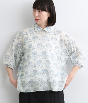 レースプリントブラウス(ベージュ-ONESIZE)