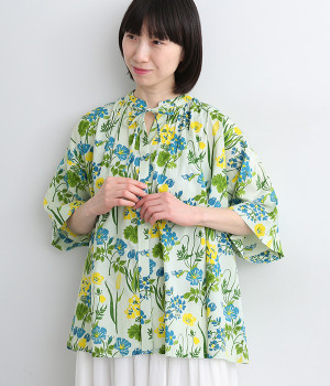 コットンモダールナショナルフラワーブラウス(グリーン-ONESIZE)