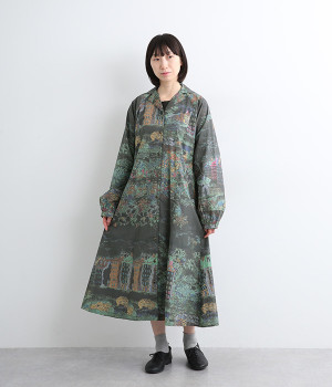 コットンランドスケープジャケットコートワンピース(ネイビー-ONESIZE)