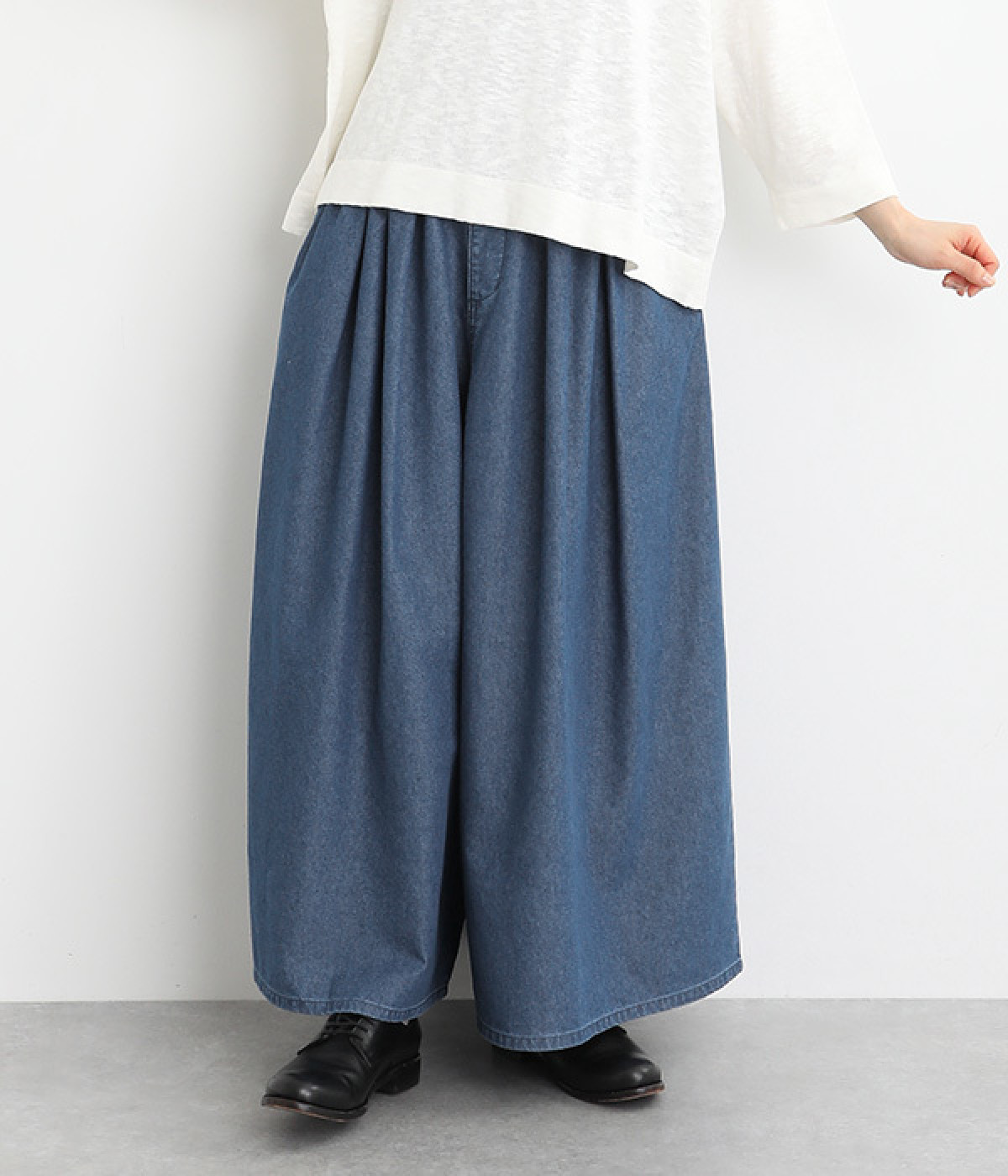 クールデニムタックデザインワイドパンツ(インディゴ-S)