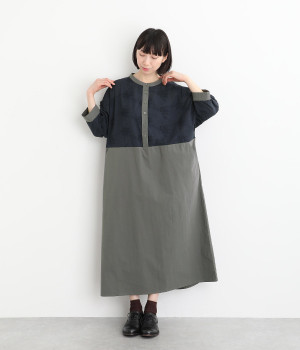 フラワーレースドルマンスリーブドレス(ネイビー-ONESIZE)