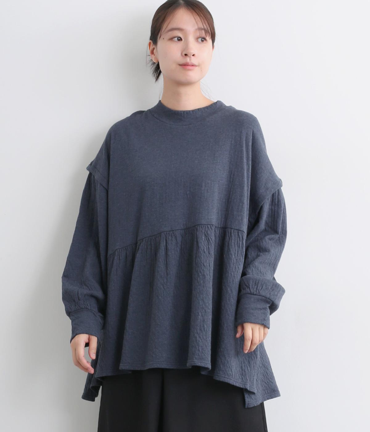 接結カットソーギャザートップス(ネイビー-M)