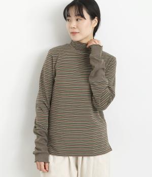 ボーダーハイネックトップス(ダークブラウン-M)