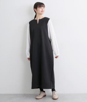 ドッキング裏起毛ポンチワンピース(ブラック-M)