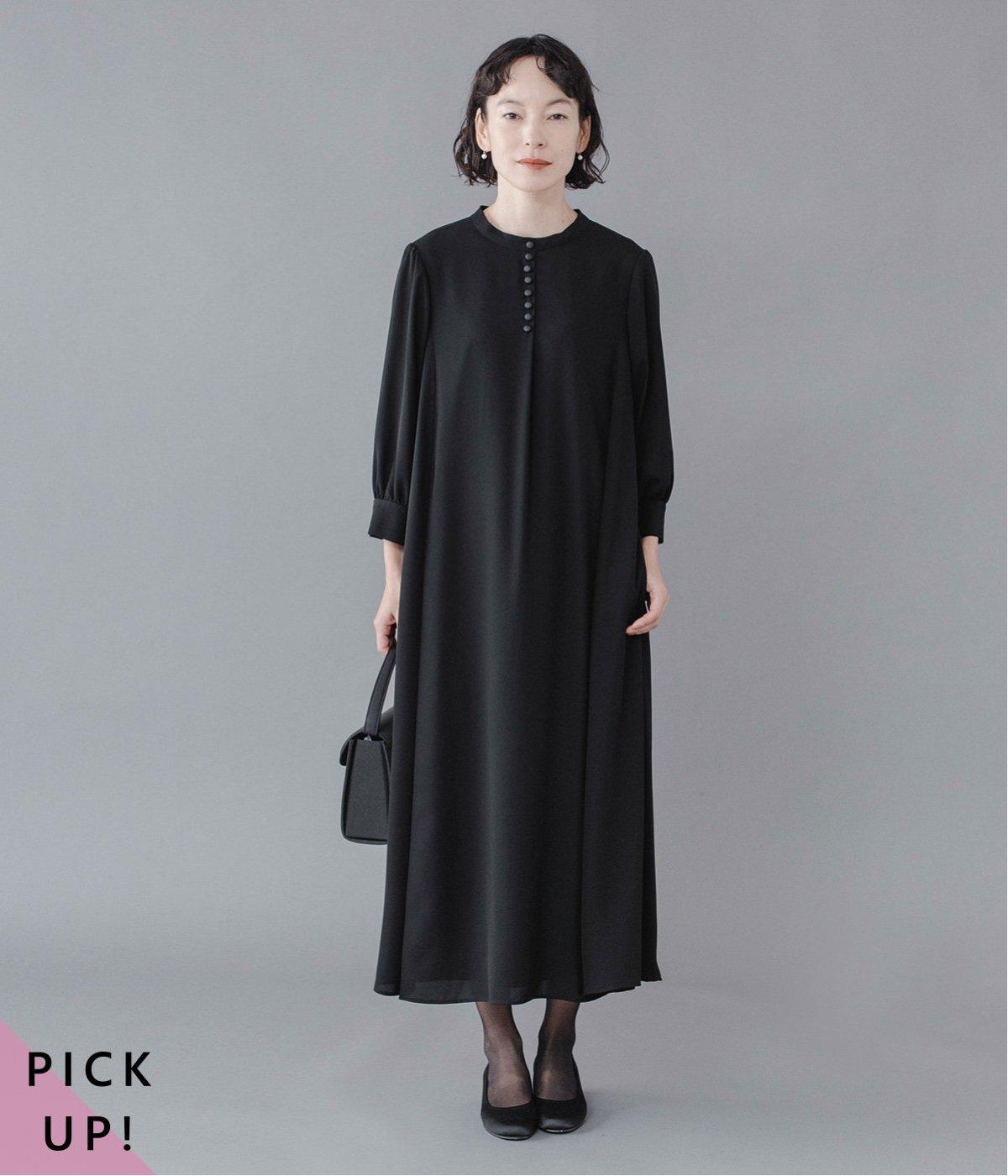 【プーラページ】高級ブラックwoolフォーマル対応ワンピース 日本製］家庭で洗える キーネックロングワンピース ブラックフォーマル