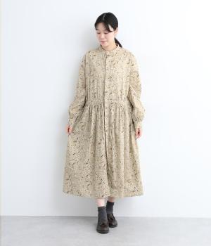 コットンフラワープリントギャザーワンピースドレス