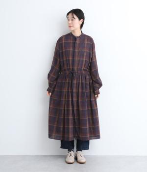 コットンオータムチェックギャザーワンピースドレス
