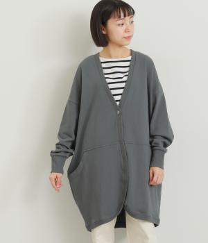 度詰めミニ裏毛　サイドポケットロングカーディガン(ダークグレー-F)