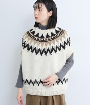 ペルーハイランドウールハンドニット求心柄ジャカードベスト(キナリ-F)