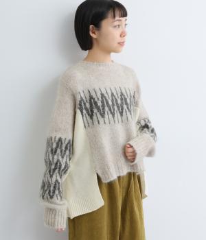 モヘア×ウール×リサイクルナイロン　切替えニットプルオーバー(ライトグレー-F)