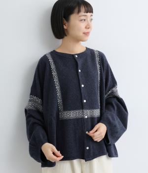 ウール×リサイクルナイロン天竺　シングルジャカード　2wayニットプルオーバー(インディゴネイビー-F)