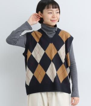 ピュアメリノウールボイルド　アーガイルニットベスト(ネイビー-F)